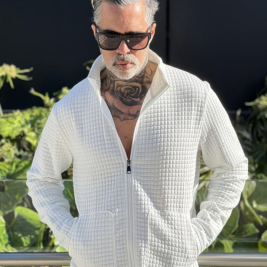 Kessoro Men's Textured Stand-Collar Full-Zip Jacket in white, khaki and black, image 1 of 18.
