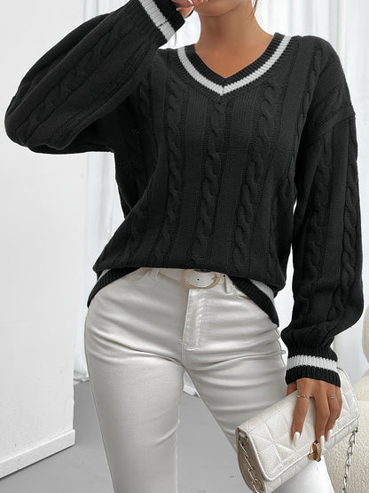 Kessoro women's cable-knit V-neck sweater in navy and black