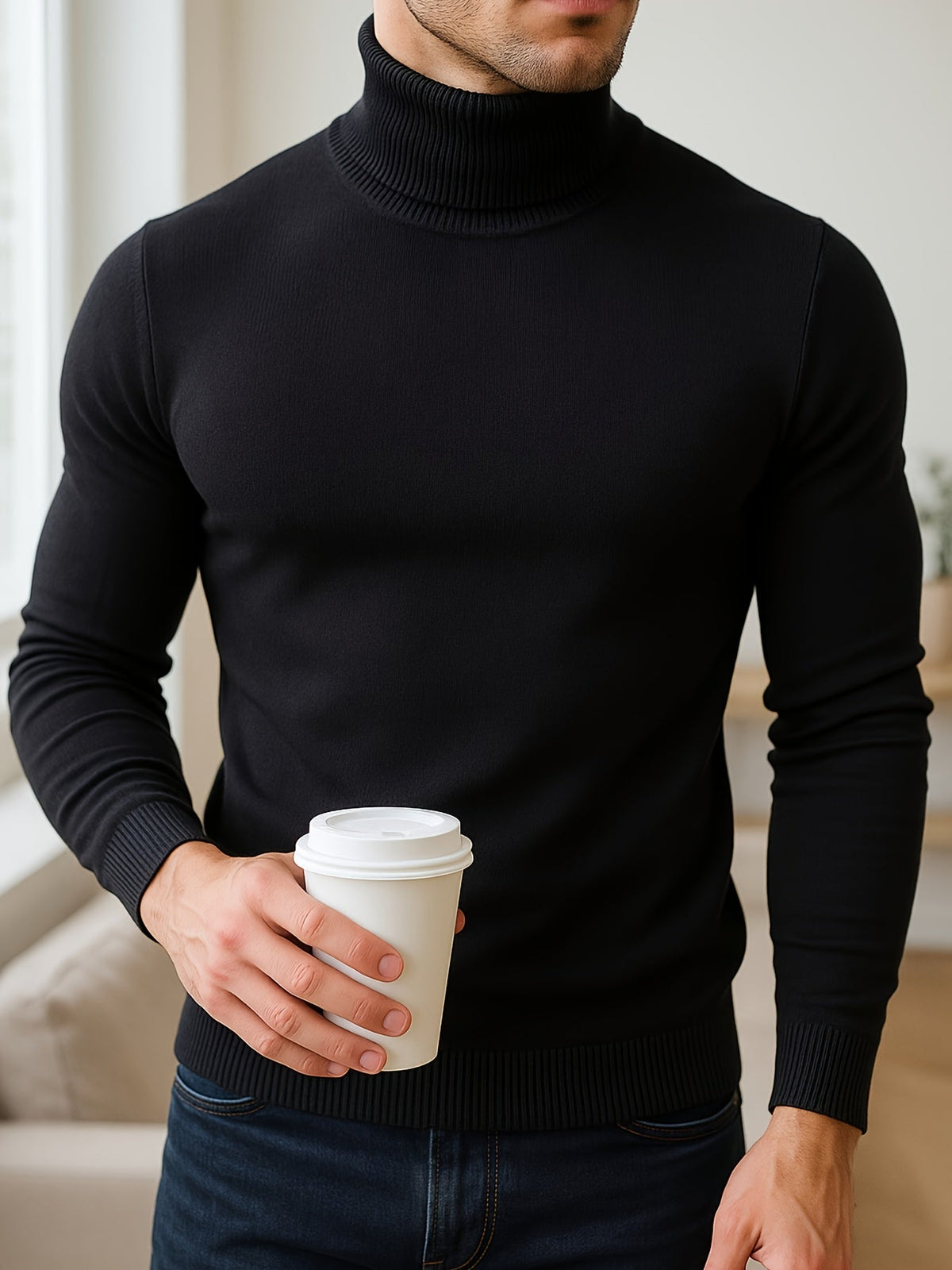 Men's refined ribbed roll-neck high-neck sweater in black, white, bronze and blue, back view
