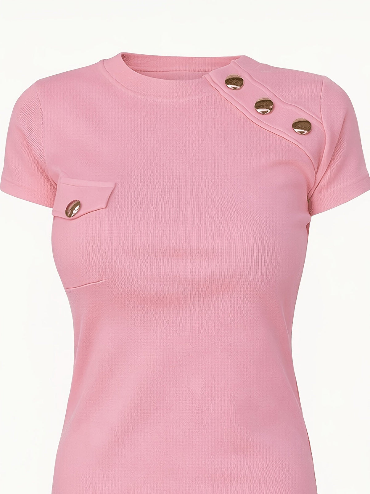 Women's button-accent round-neck short-sleeve t-shirt in white and black, fabric texture view