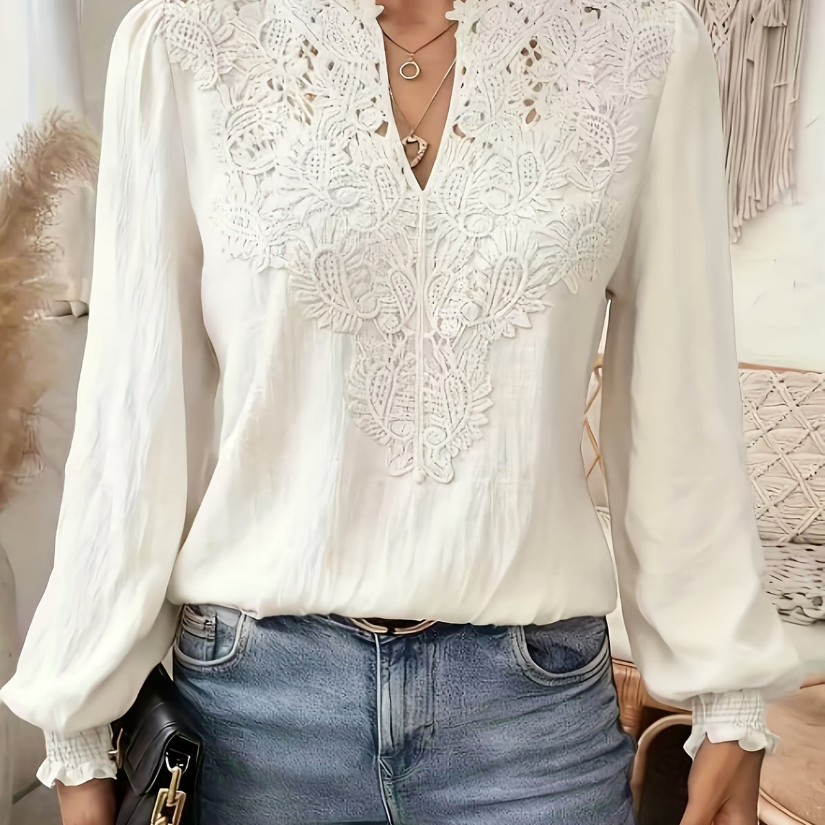 Kessoro women's embroidered V-neck lantern-sleeve blouse in white and light blue – view 12