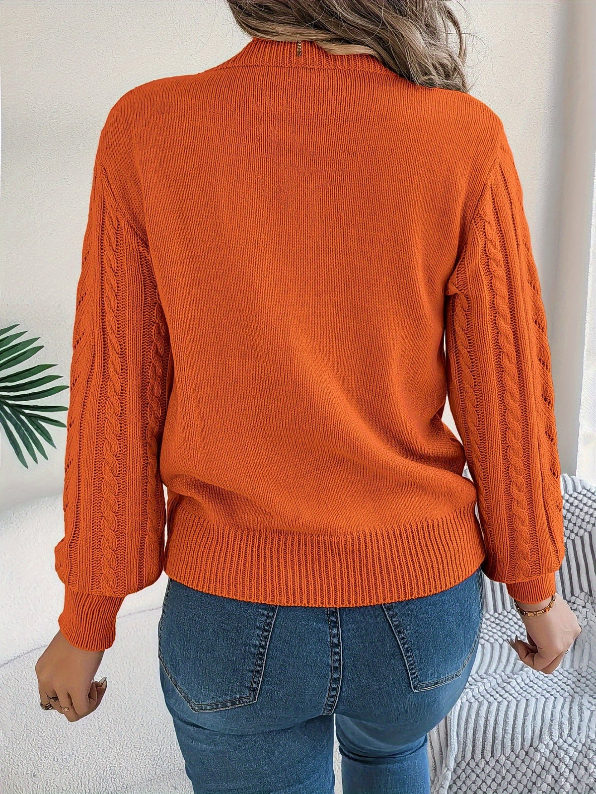 Kessoro Women's Cable-Knit Round Neck Sweater in khaki, grey and orange-red - women's apparel, view 17 of 21