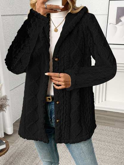 Women's textured plush button-front coat in black, detail view