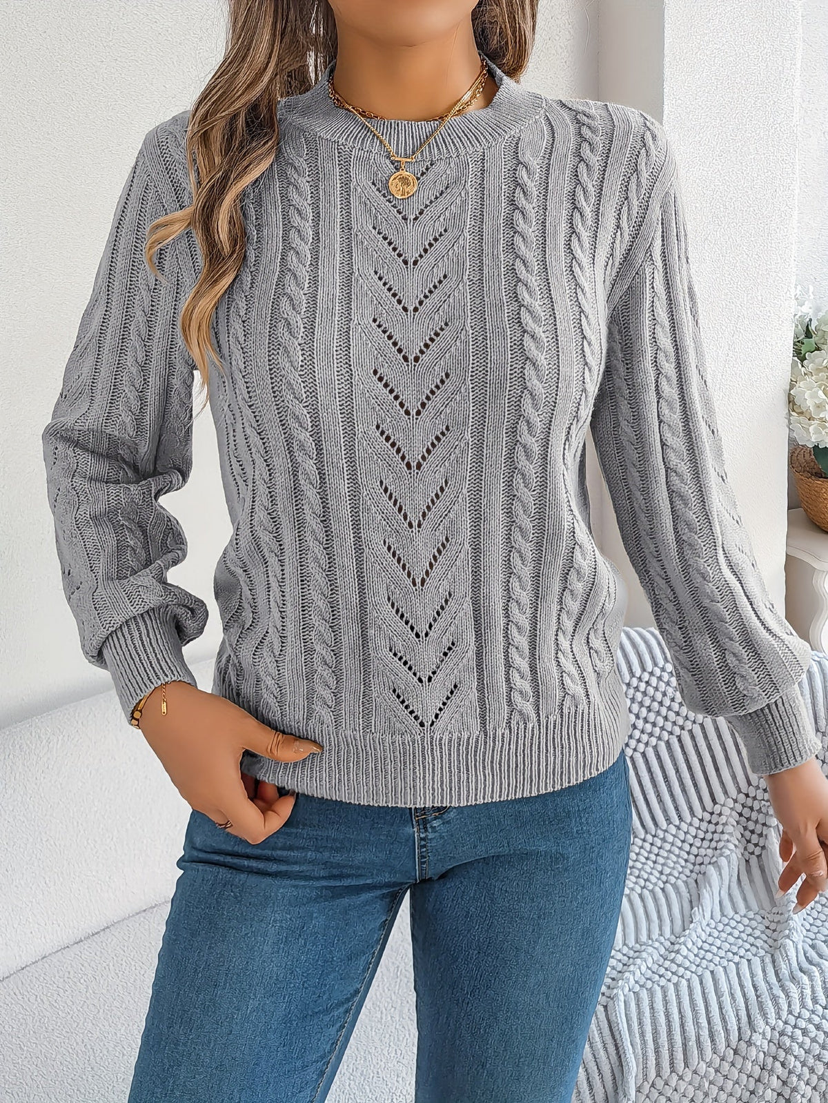 Kessoro Women's Cable-Knit Round Neck Sweater in khaki, grey and orange-red - women's apparel, view 13 of 21