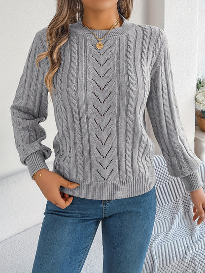 Kessoro Women's Cable-Knit Round Neck Sweater in khaki, grey and orange-red - women's apparel, view 13 of 21