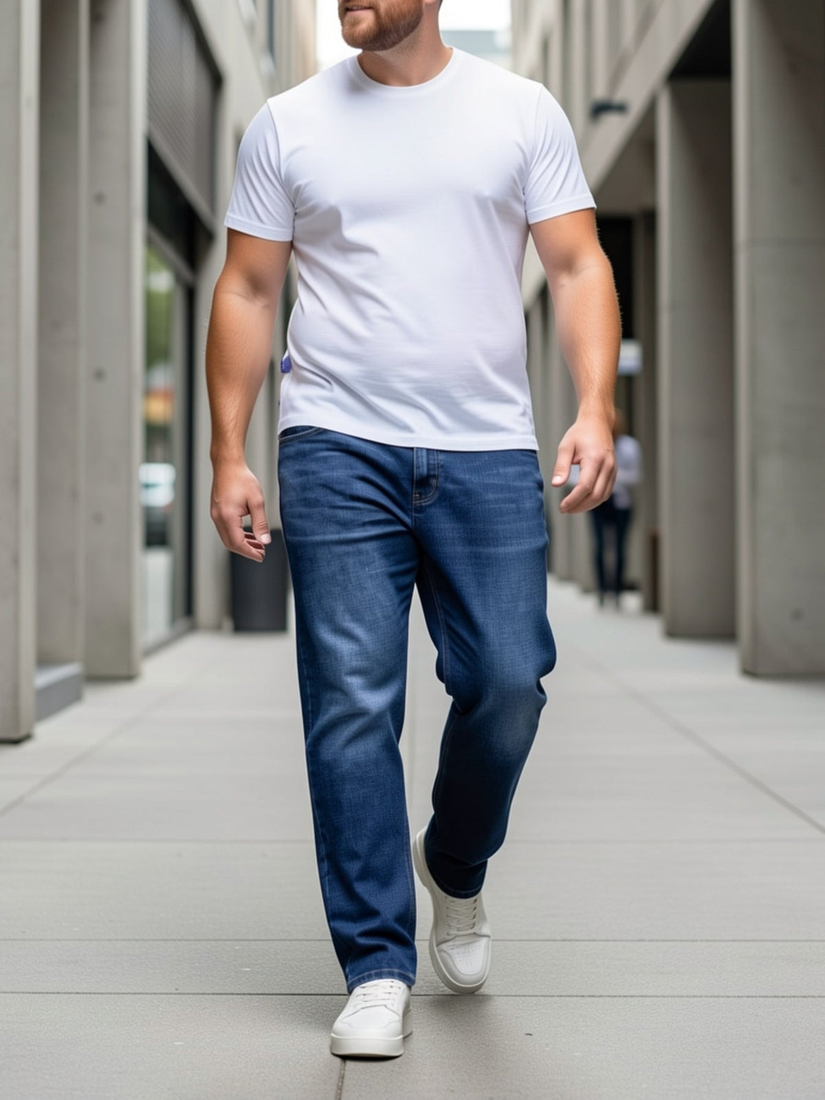 Men's mid-rise straight-leg stretch jeans in blue and black denim, colour option 1 front view