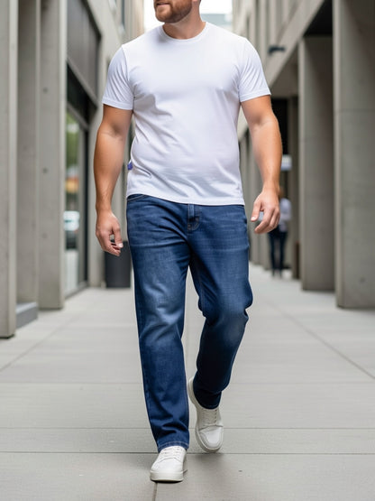 Men's mid-rise straight-leg stretch jeans in blue and black denim, colour option 1 front view
