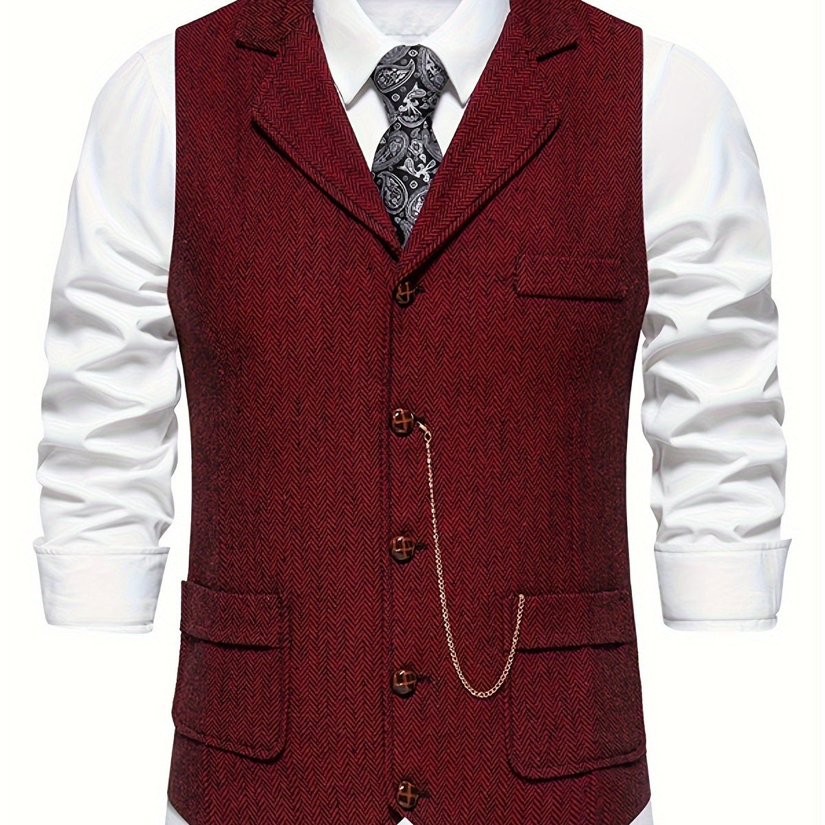 Kessoro men's herringbone single-breasted suit vest in burgundy, worn over a dress shirt