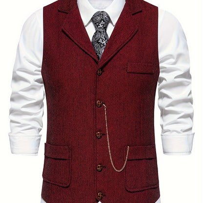 Kessoro men's herringbone single-breasted suit vest in burgundy, worn over a dress shirt