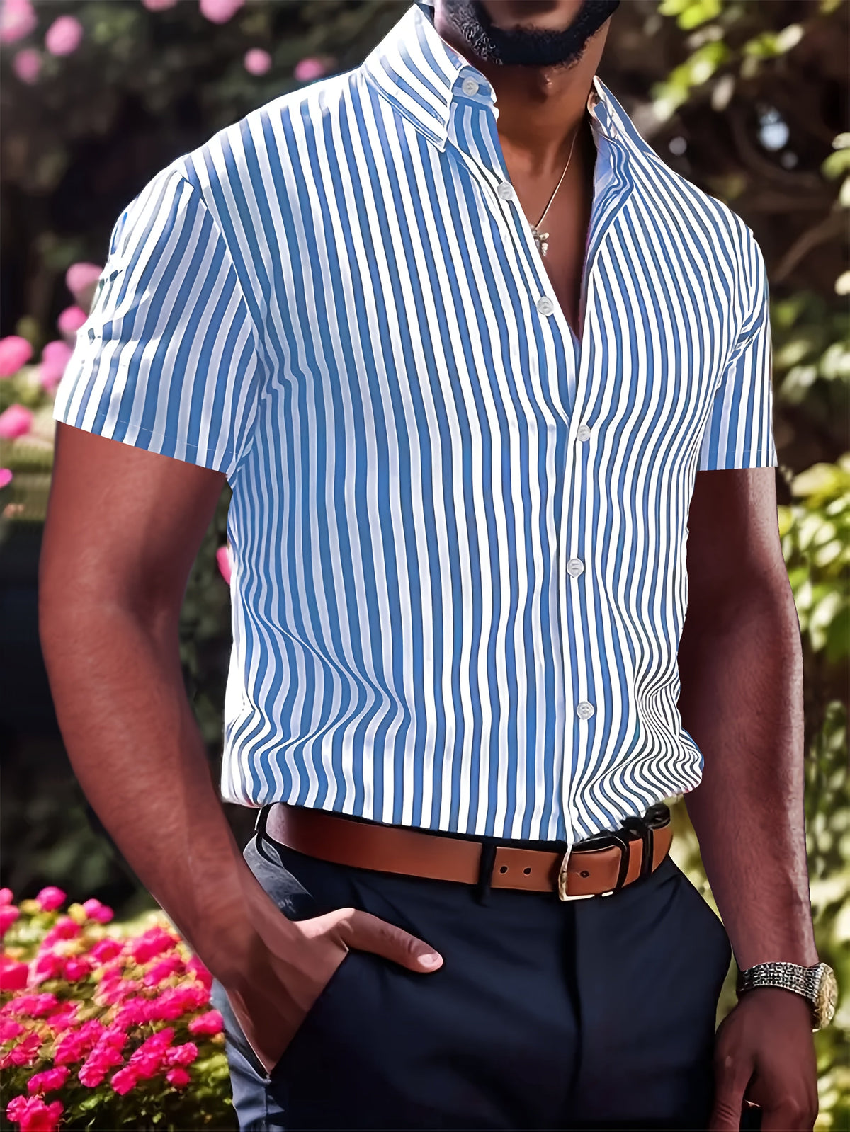 Kessoro men's striped short sleeve button-up shirt in pink, yellow-green and blue – view 3