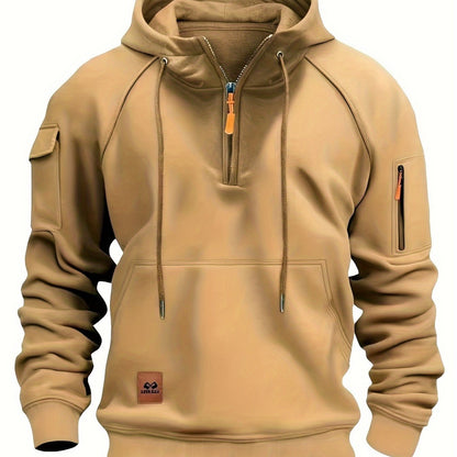 Men's utility quarter-zip hoodie in black, navy, khaki and burgundy with pocket detail, colour option 1 styled view