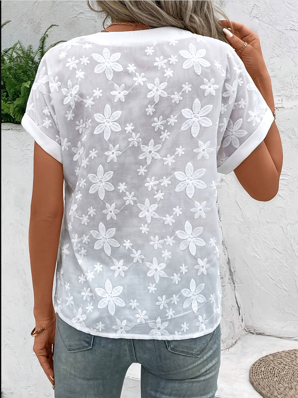 Kessoro women's white floral embroidered V-neck batwing-sleeve blouse, loose draped summer top
