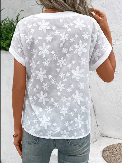 Kessoro women's white floral embroidered V-neck batwing-sleeve blouse, loose draped summer top