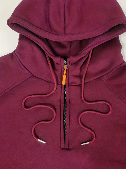 Men's utility quarter-zip hoodie in black, navy, khaki and burgundy with pocket detail, colour option 3 side view