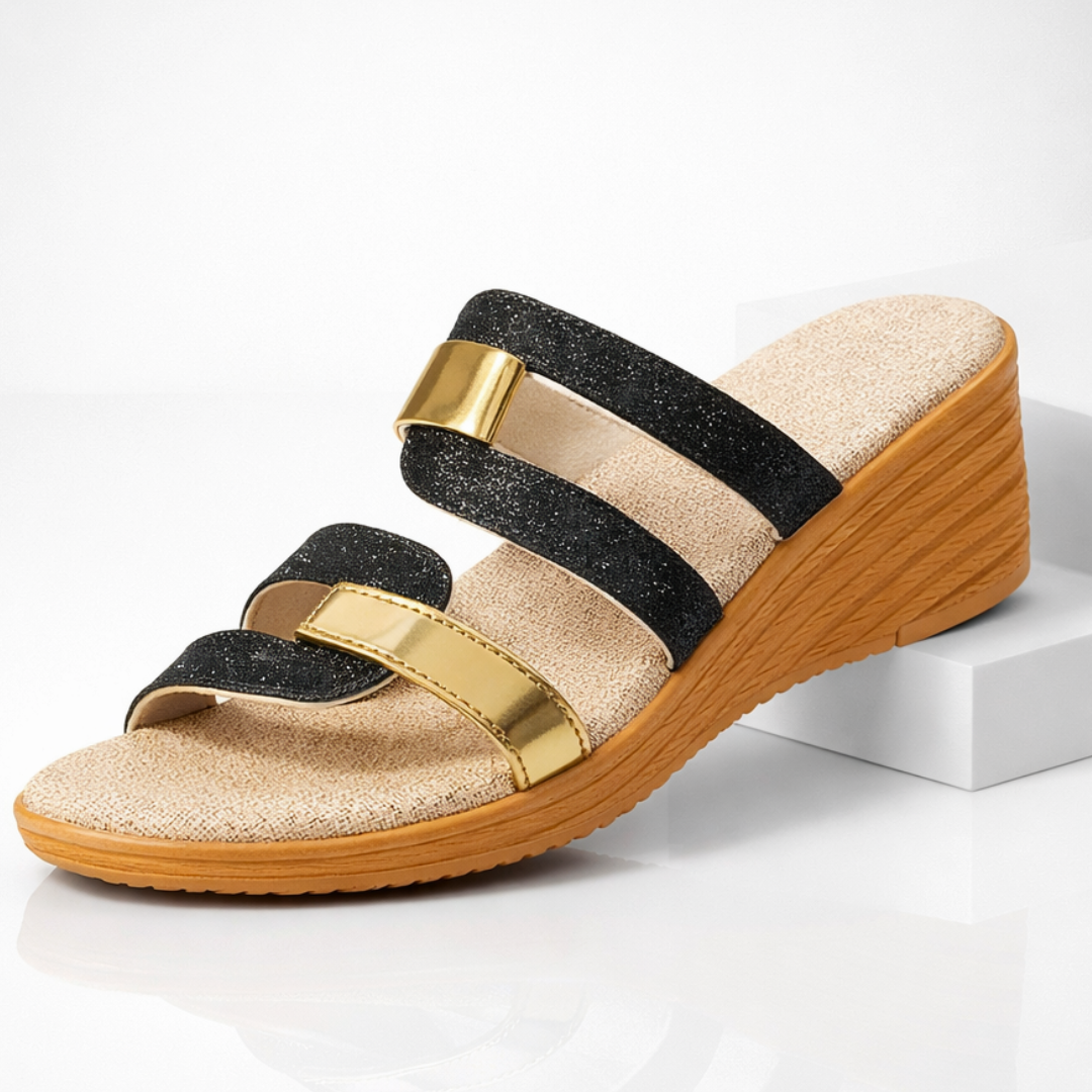 Women's metallic open toe orthopedic sandal in gold, silver, champagne and black