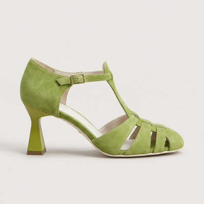 Women's green closed-toe strap heels