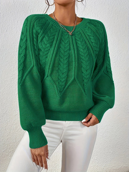 Kessoro women's relaxed cable-knit lantern-sleeve sweater in matcha, beige, burgundy, navy and camel