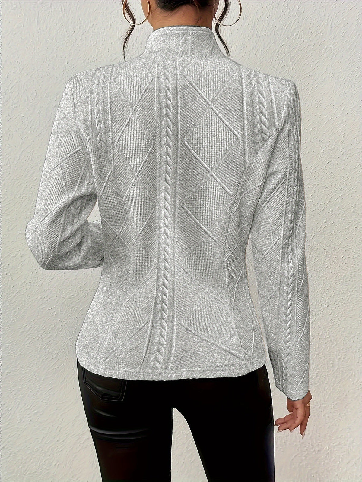Women's waist-defining textured blazer in white, black, grey and pink tones, colour option 2 side view