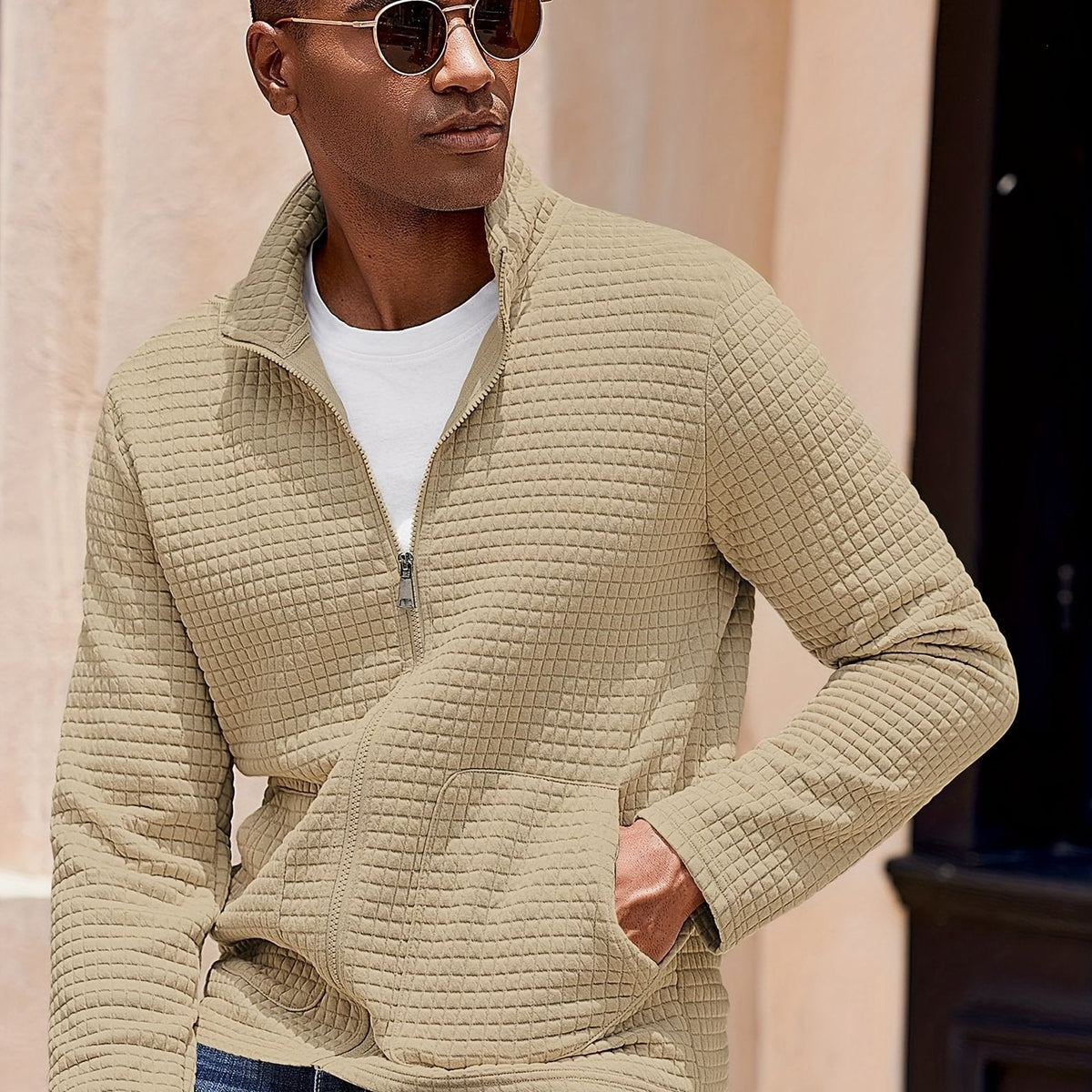 Kessoro Men's Textured Stand-Collar Full-Zip Jacket in white, khaki and black, image 7 of 18.