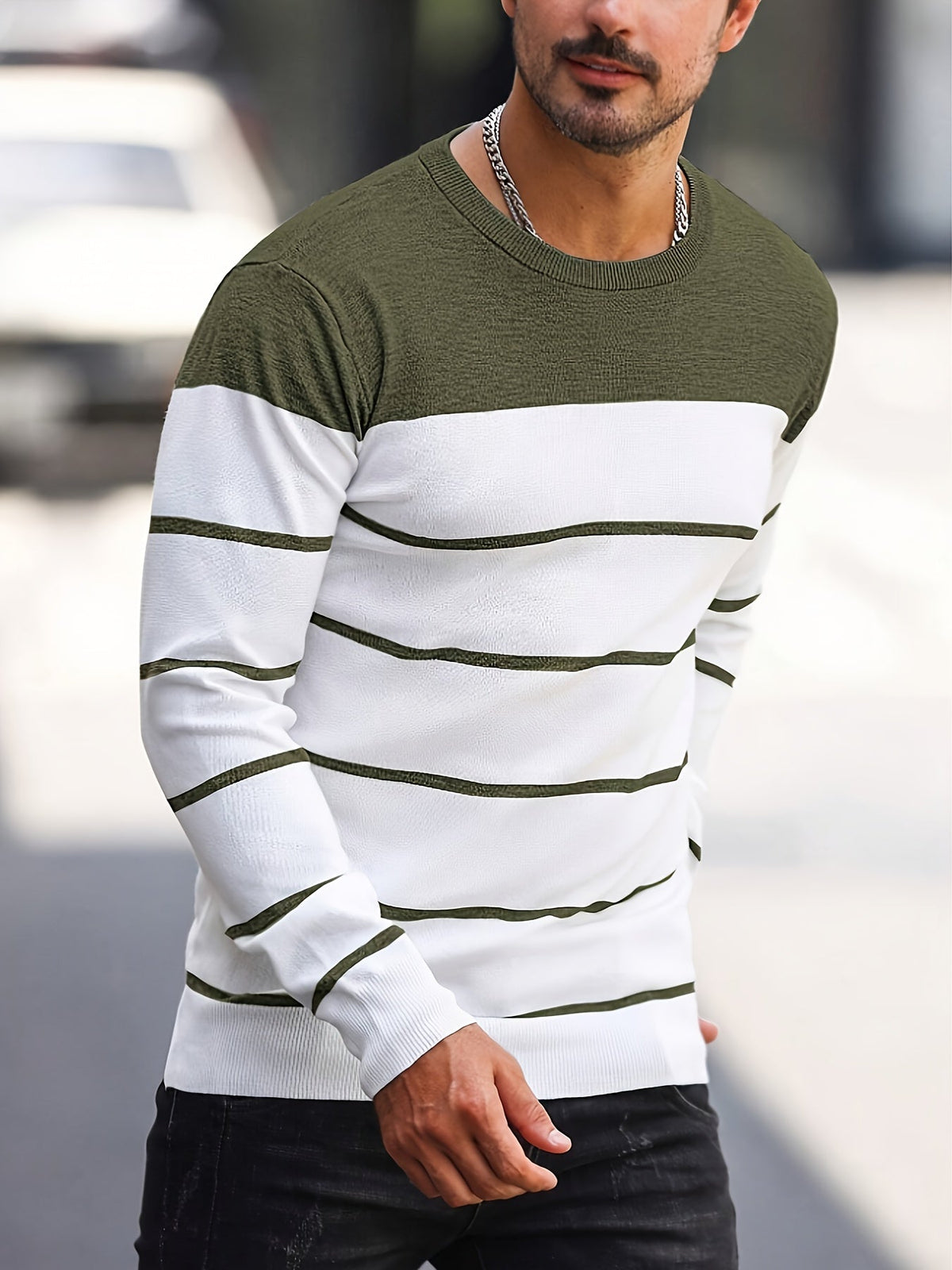 Kessoro Mixed Colors striped crew neck knit sweater for men