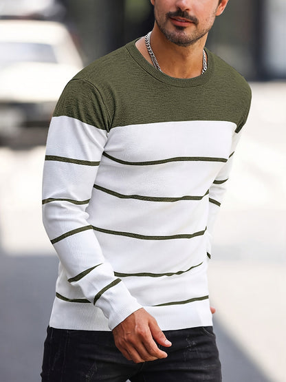Kessoro Mixed Colors striped crew neck knit sweater for men