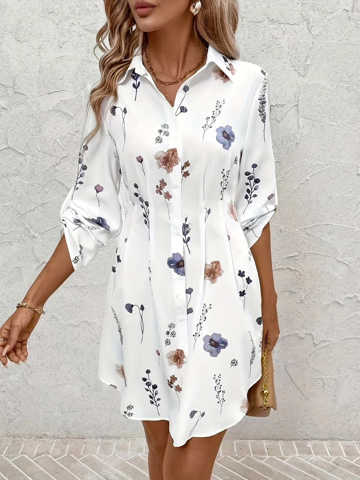 Kessoro women's floral button-front shirt dress shown in sky blue and white colourways on a female model