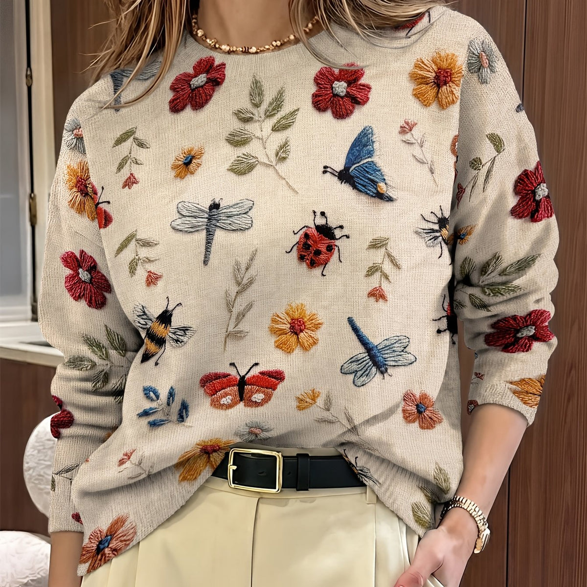 Kessoro women's botanical print crewneck knit sweater in purple, blue and apricot – view 13