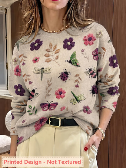 Kessoro women's botanical print crewneck knit sweater in purple, blue and apricot – view 3