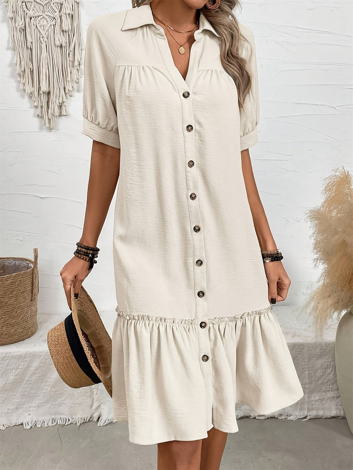 Women's button-front boho midi dress with pleated hem and rolled half sleeves