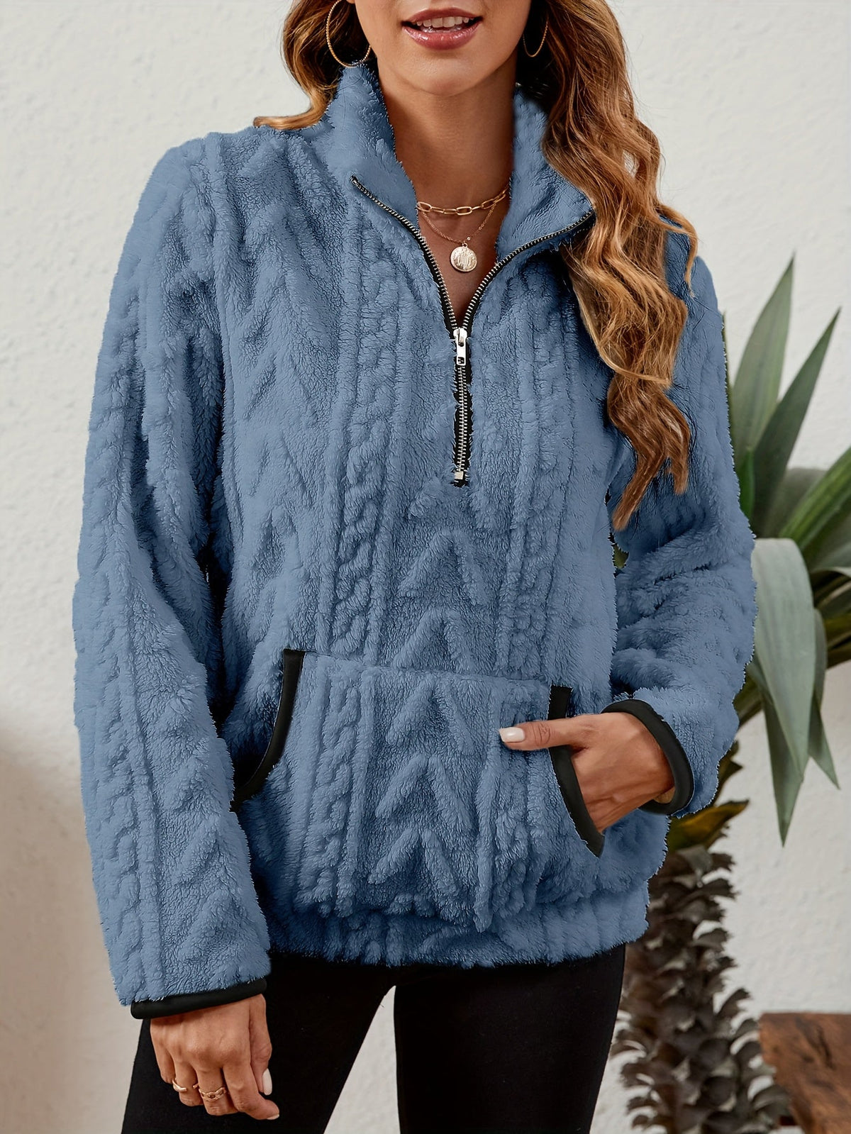Kessoro women's plush textured half-zip pullover in burgundy, grey, pink, white, khaki, purple and blue - product view 62