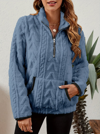 Kessoro women's plush textured half-zip pullover in burgundy, grey, pink, white, khaki, purple and blue - product view 62