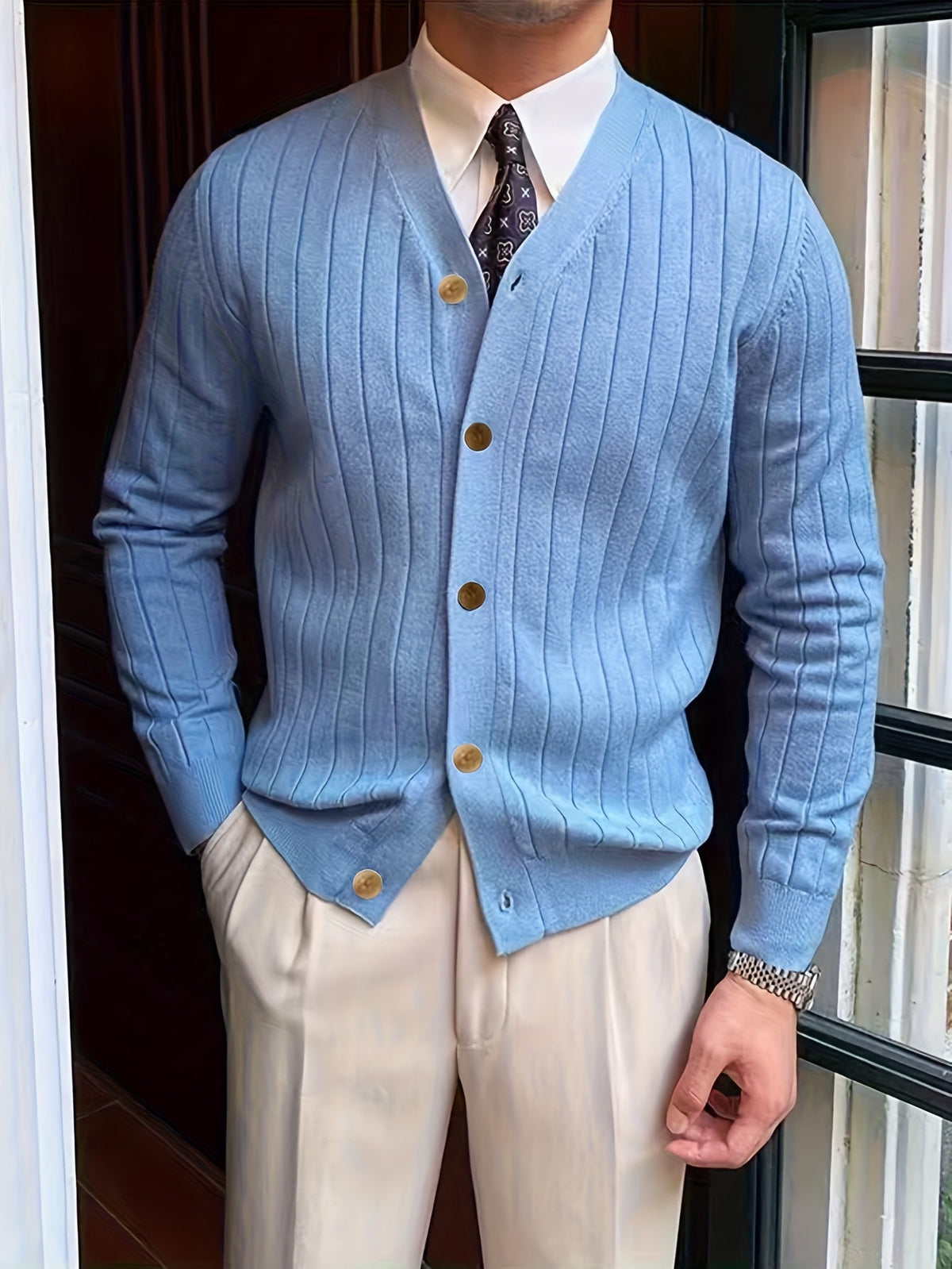 Kessoro Men's Ribbed Button-Up Knit Cardigan in white, sky blue and black, image 11 of 18.