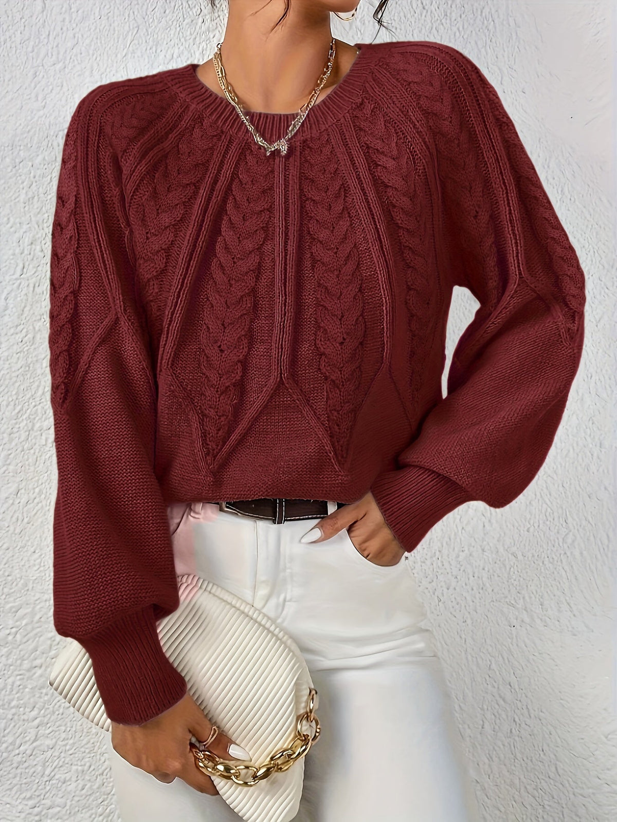 Kessoro women's cable-knit round-neck sweater in neutral and jewel-tone colourways, women's knitwear — view 5 of 23