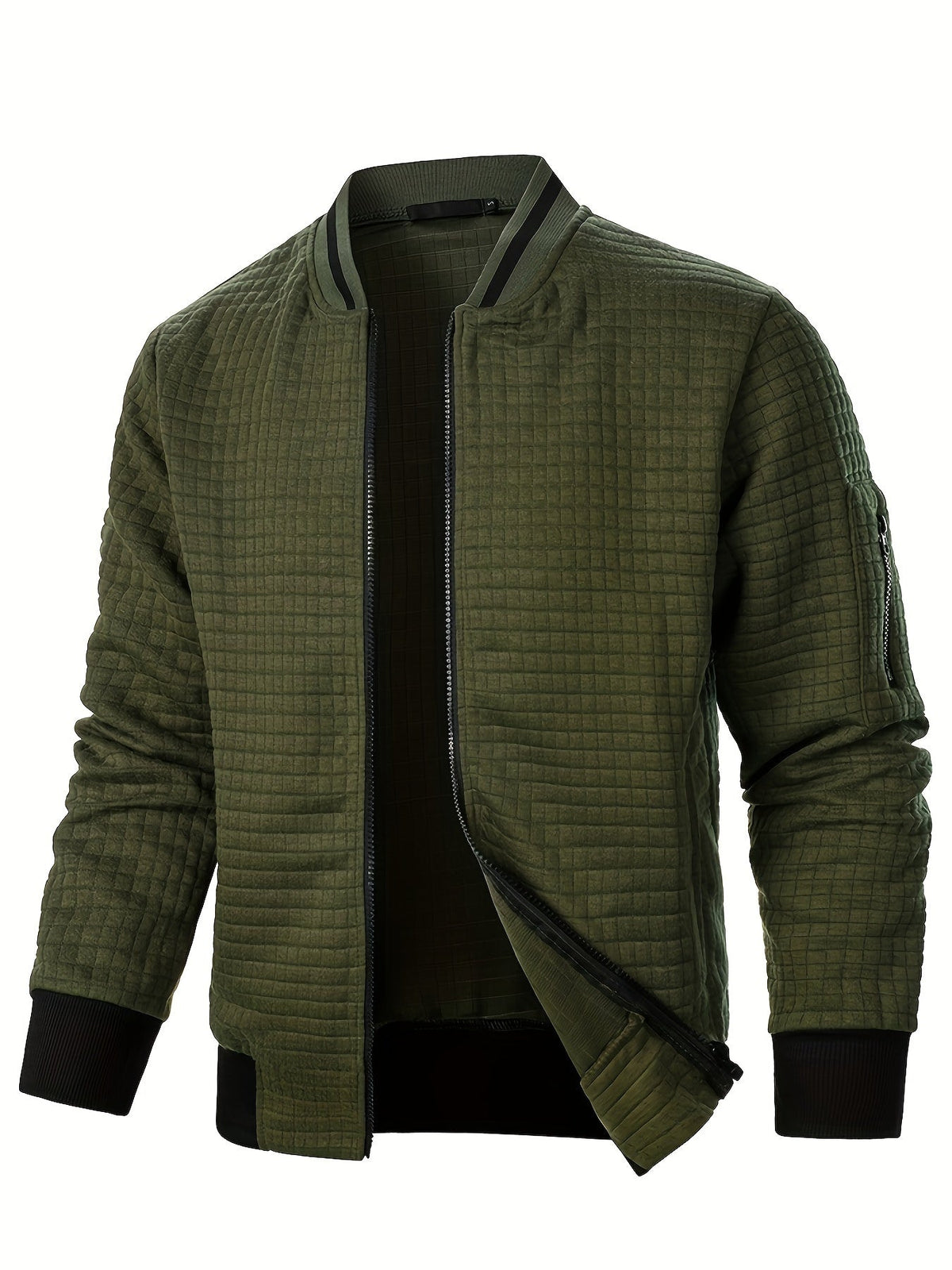 Men's textured stand-collar zip-up bomber jacket in khaki, black, dark gray, military green, navy and burgundy, fabric texture view 2