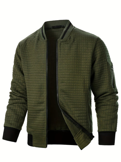 Men's textured stand-collar zip-up bomber jacket in khaki, black, dark gray, military green, navy and burgundy, fabric texture view 2