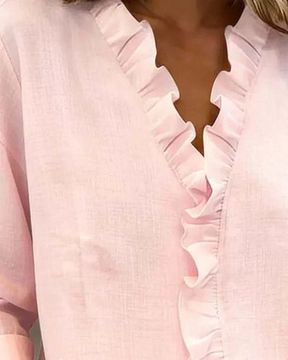 Kessoro women's V-neck ruffle long-sleeve blouse in pink, white, green, blue, black, orange, yellow and purple