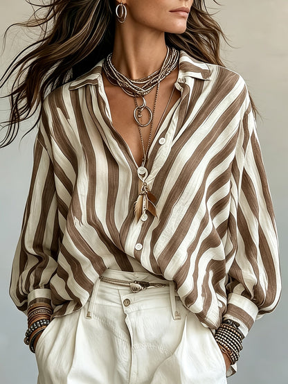 Kessoro women's relaxed striped open-collar shirt in grey, khaki and blue stripes – view 1