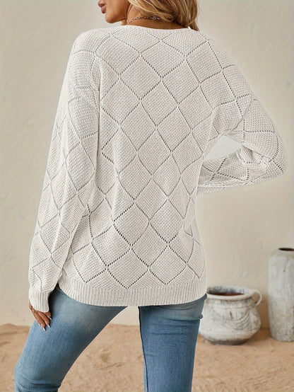 Kessoro women's openwork diamond knit V-neck sweater in black, white, khaki and orange red
