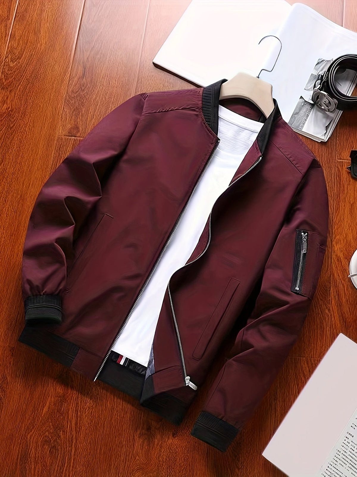 Men's classic zip-front everyday bomber jacket in black and burgundy, collar detail view