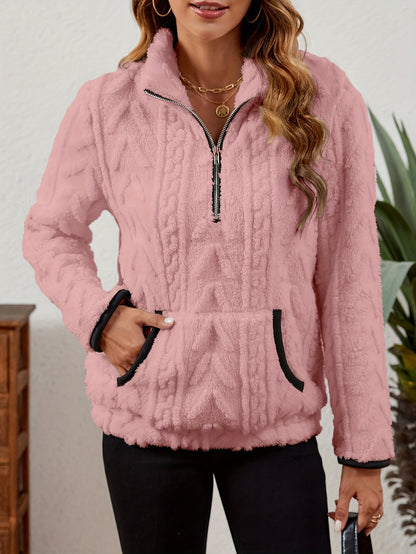 Kessoro women's plush textured half-zip pullover in burgundy, grey, pink, white, khaki, purple and blue - product view 19