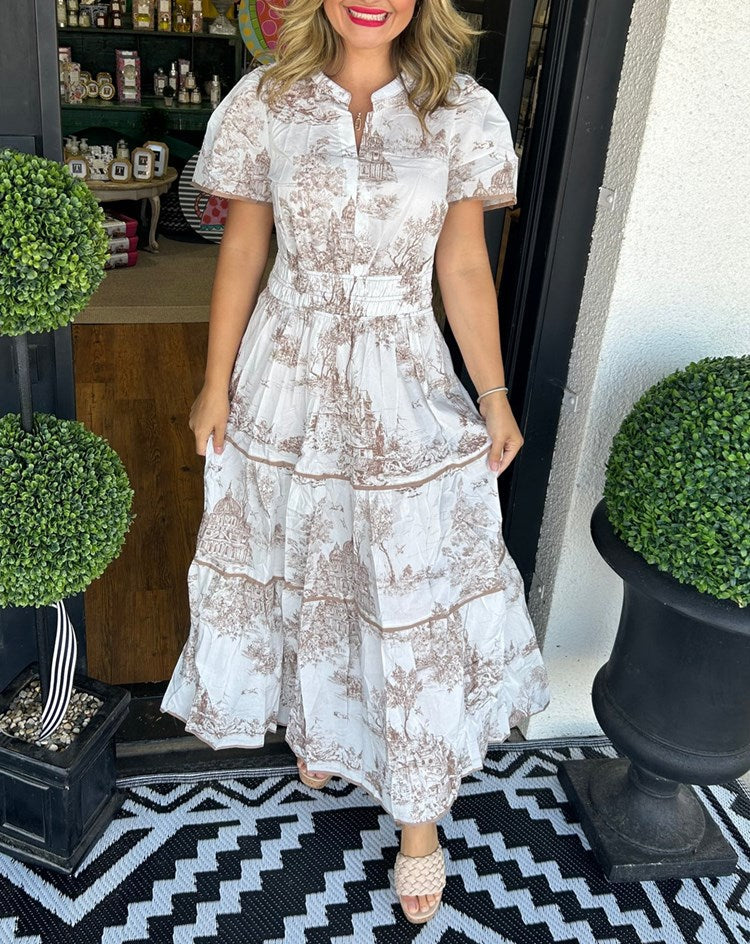 Women's toile print tiered maxi dress with a smocked waist and soft V-neckline