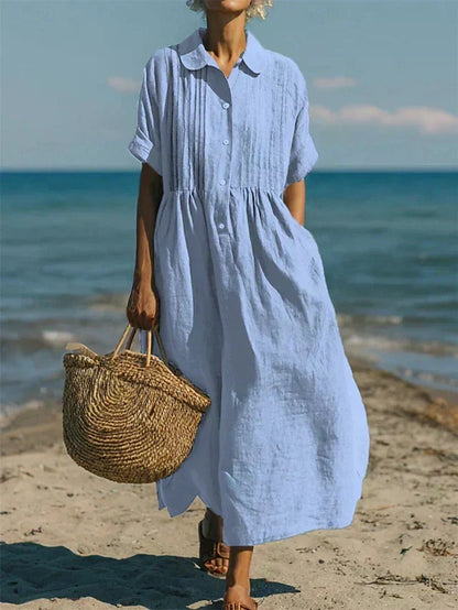Kessoro women's pleated collared short-sleeve maxi dress in white, light blue, pink and sage green