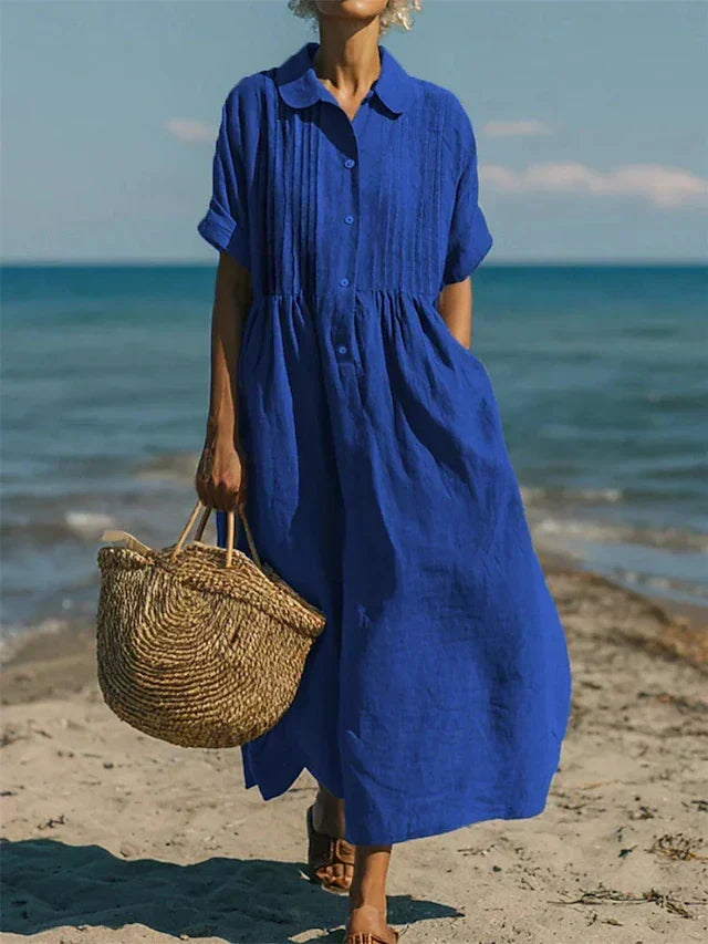 Kessoro women's pleated collared short-sleeve maxi dress in white, light blue, pink and sage green