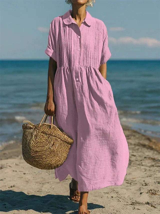 Kessoro women's pleated collared short-sleeve maxi dress in white, light blue, pink and sage green