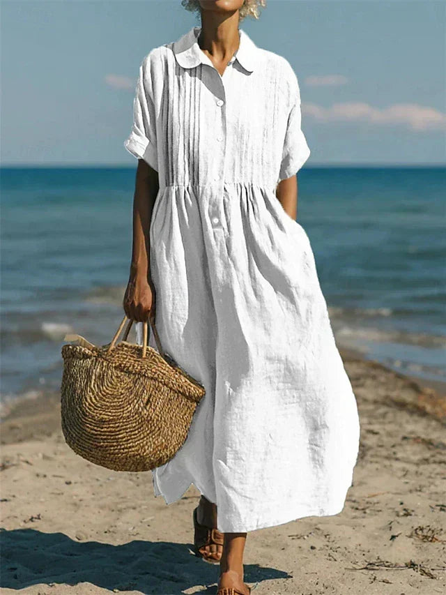 Kessoro women's pleated collared short-sleeve maxi dress in white, light blue, pink and sage green