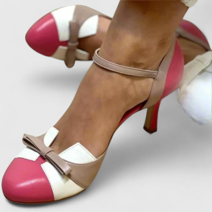 Kessoro women's two tone round toe bow heels in blue, pink and white, for women