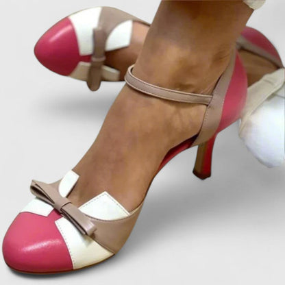 Kessoro women's two tone round toe bow heels in blue, pink and white, for women