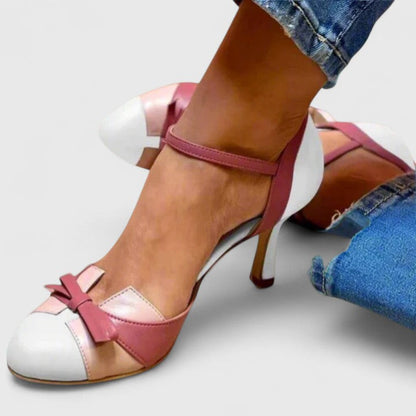Kessoro women's two tone round toe bow heels in blue, pink and white, for women