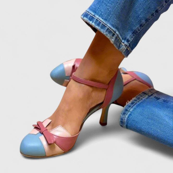 Kessoro women's two tone round toe bow heels in blue, pink and white, for women