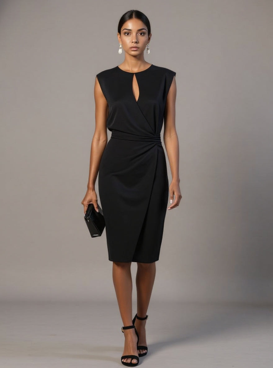 Women's cap sleeve occasion dress with a round neck and back zip in sky blue, white, black, red and green